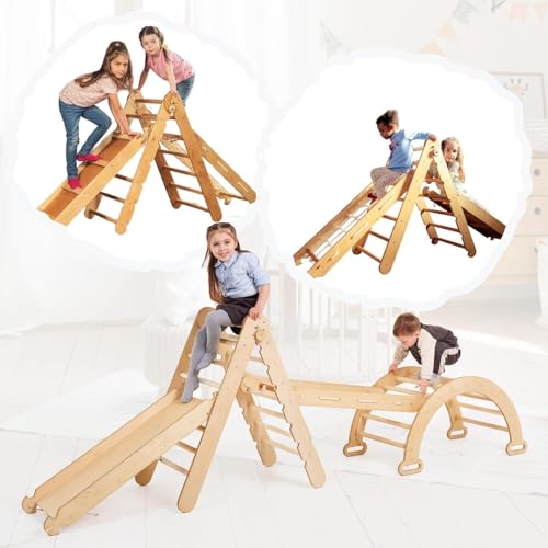 Goodevas 4 in 1 Montessori Indoor Klettergerüst Set für Kinder - Holz Pikler Dreieck, Rundbogen & Kletterrampe & Netz Play - Baby Spielzeug Jungle Gym für Kleinkinder Alter 1-3