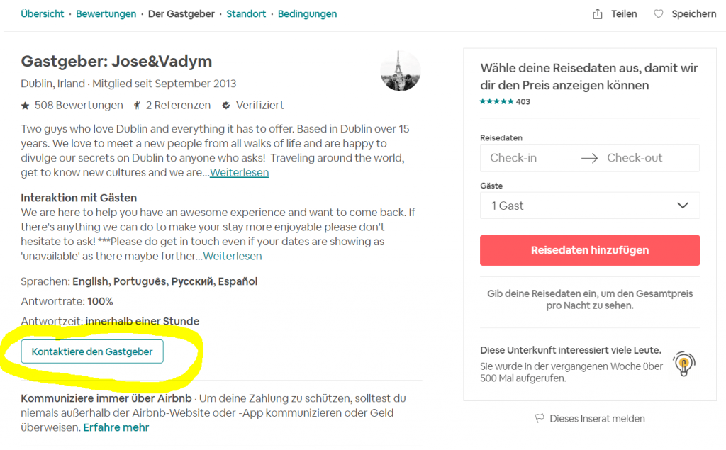 Airbnb Gastgeber kontaktieren
