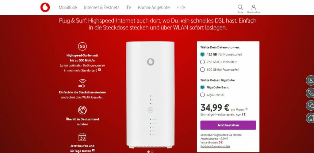 Vodafone GigaCube Homespot Kosten und Tarife